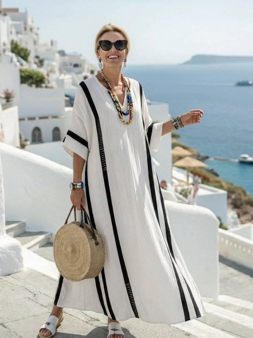 Elvienne | Maxi Dress with Short Sleeves in Bold Striped Colour Block