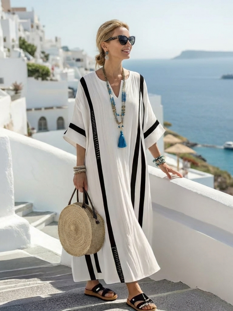 Elvienne | Maxi Dress with Short Sleeves in Bold Striped Colour Block