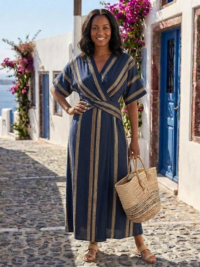 Saphira | Midi wrap dress with stripes, V-neck and short sleeves