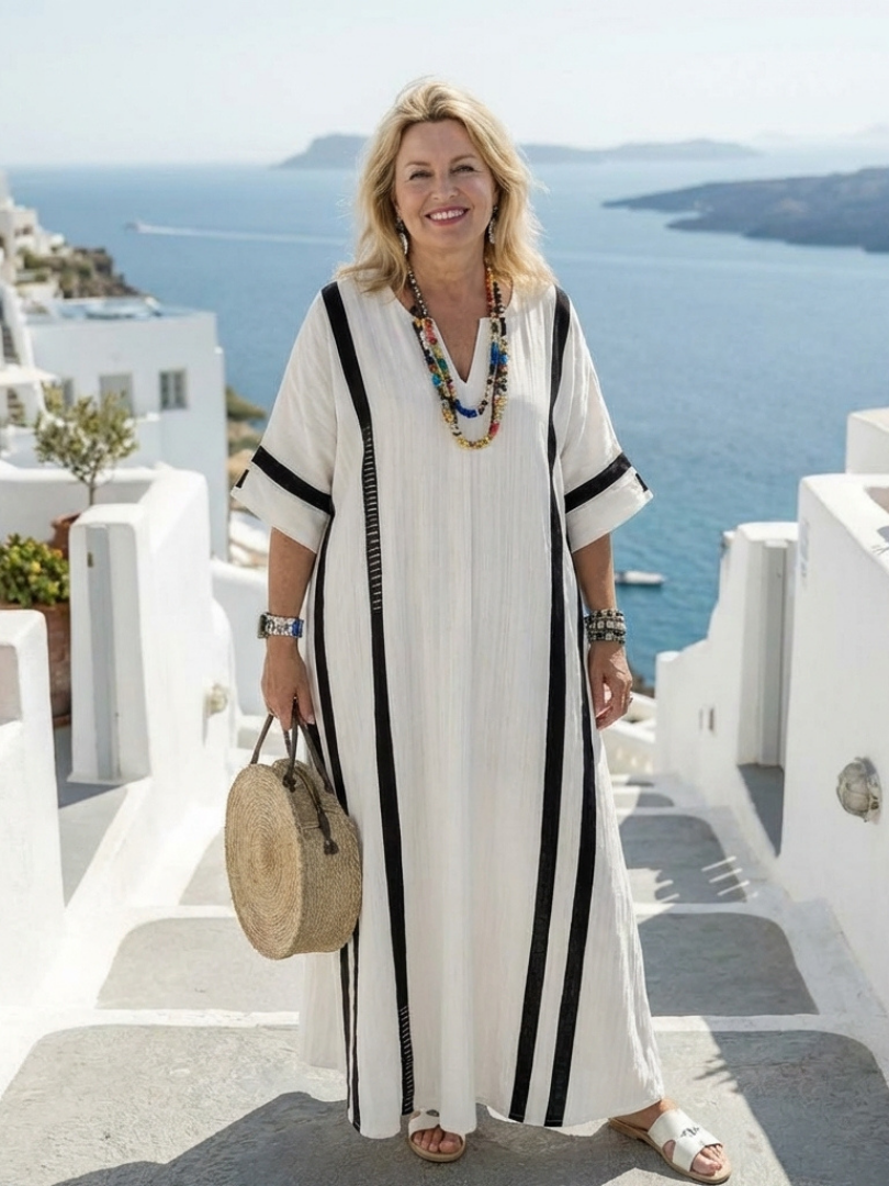 Elvienne | Maxi Dress with Short Sleeves in Bold Striped Colour Block
