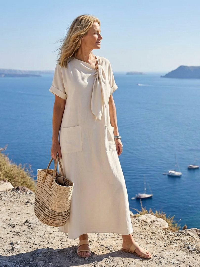 Elowyn | Maxi dress with round neck and short sleeves with pockets