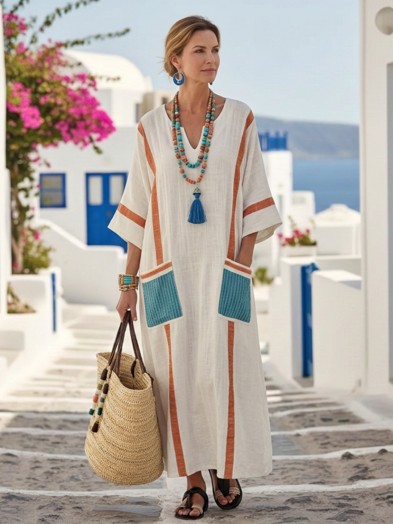 Noemi | Maxi Dress with Three-Quarter Sleeves and V-Neck with Pockets