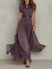 Purple Keyhole Neckline Chiffon Lace Trim Maxi Dress